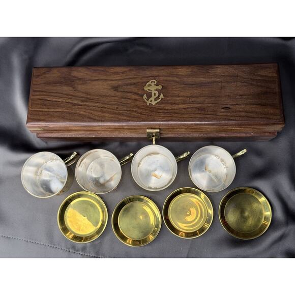 Captain’s Brass Anchor Cup & Saucer Set Nautical Gift in Wood Case Box - Picture 6 of 11